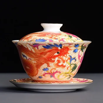 Ķīniešu Kungfu Gaiwan Tējas Tureen Sarežģītā Paredzēti Pūķis un Phoenix Tējas Tases ar Elegantu Keramikas Krāsu, Emaljas Teaware