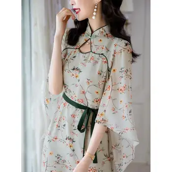 2024 ķīniešu dāma šifona cheongsam modificētu šifona sieviešu kleita qipao modes ziedu lidot piedurknēm vidukļa garums hanfu kleita