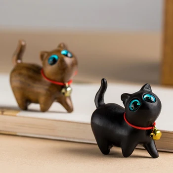 Sandalkoka Kaķis Koka Mini Desktop Rotājumi Roku cirsts Cirsts Diy Kaklarota Keychains Kuloni Mājās Ziemassvētku Rotājumi