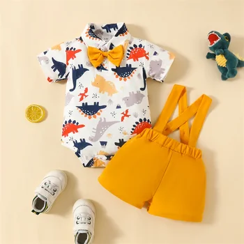 Toddler Puiku Vasaras Apģērbs ar Īsām Piedurknēm Pogu Print Krekls ar Īsajām 2GAB Havaju Drēbes