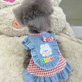 Trusis Kovboju Kleita Suns Pet Apģērbu Salds Suņu Apģērbu Kaķis Mazo Drukāt Gudrs Plānas Pavasara Vasaras Zilā Modes Meitene Jorkšīras