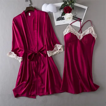 Līgava Kāzu Tērpu Nightdress Komplekts Mežģīņu Peldmētelis Kleita Miega Uzvalks Sieviešu Kimono, Seksīgs Zīda Satīna Sleepwear Mājas Kleita Loungewear