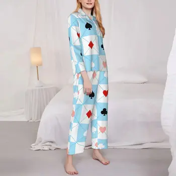 Sirds Pokera Sieviešu Pidžamas, Zilā Un Baltā Krāsā Izšūta Moderns Guļamistabas Sleepwear Rudens 2 Gabals Gadījuma Lielajam Dizaina Pidžamas Komplekts