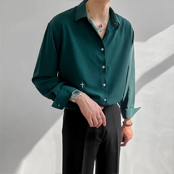 Cietā Garām Piedurknēm Krekli Cilvēks 2023 Rudens Ikdienas Blūze Korejas Modes Stila Vīriešu Jaka Modes Vintage Korejas Apģērbu C92