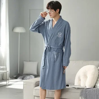 Peldmētelis Lounge Pidžamu Valkāt Kleita Drēbes Svītru Rudens Vīriešu Kokvilnas Apģērbs Poligrāfijas Sleepwear Naktsveļu Mājas Vīrieši Pyjama Bedre
