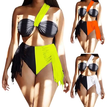 Sieviešu Sexy 2 Gabals Bikini Komplekts Viena Pleca, Krāsa Bloķēt Ruched Kultūraugu Top Peldkostīmu Augstas Starām. Pušķi Raibs Sandales Uzvalks D5QD