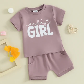 Baby Toddler Meitene Apģērbs ar Īsām Piedurknēm Vēstuli Izdrukāt, T Krekls Topi un Stiept Bikses Jaundzimušo Girl Vasaras Apģērbs