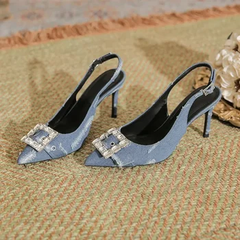 Sieviešu Sexy Zilās Džinsa Rhinestone Augstiem Papēžiem Vasaras Korejas Modes Sandales Norādīja Toe Plānas Papēžiem Sūkņi Puse Kleita Ikdienas Apavi
