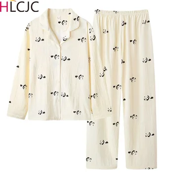 Jaunu Pidžamas Komplekts Rudens Mīkstu Kokvilnas Krepa Jaciņa Sleepwear Atloks, Pidžamas Meitenēm Dāmas Loungewear Sieviešu Plus Lieluma Pijamas