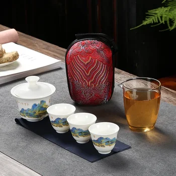 Trauki Keramikas Tējkannas ar 3 Tējas Krūzes Porcelāna Gaiwan Kung Fu Teaset Portatīvo Teaware Ceļojumu Tējas Komplekts Drinkware Dāvanas