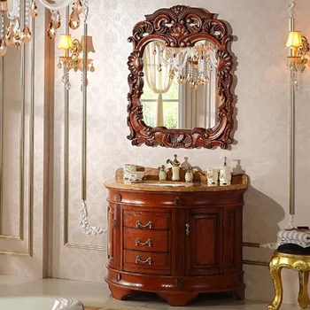 Eiropas pusapaļie loka masīvkoka vannas istabas skapis ozols antīks vannas istabas skapis, tualetes marmora sejas mazgāšana baseina