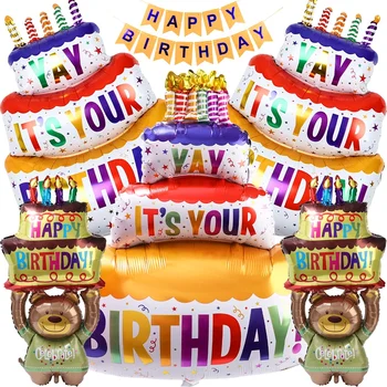 Liela Happy Birthday Cake Baloni Lācis Krāsains Sveces Kūka Alumīnija Folijas gaisa Balons Bērniem Bērnu Duša Puse Apdare Globos