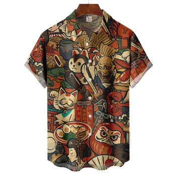 Japāņu Harajuku Vīriešu Krekls Vasaras Vintage Atloks ar Īsām Piedurknēm Krekls Ikdienas Modes Apģērbs Blūzes Lielgabarīta Krekls Gadījuma Augšu