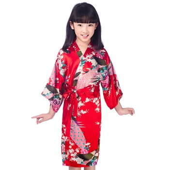 Vasarā Jauni Bērnu Kimono Drēbes Kleita Gadījuma Pusi Piedurknēm Negligee Drukāt Pāvs Puķu Meitenes Kāzu Tērpu Mīksta Satīna Naktskrekls