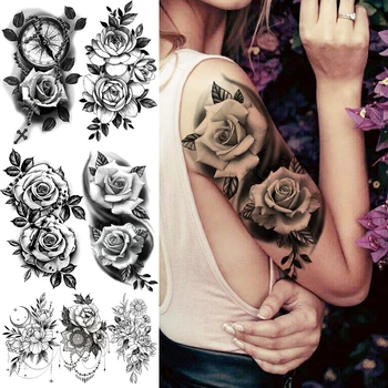 Lielā Peoniju Ziedu Pagaidu Tetovējumiem Sievietēm, Pieaugušajiem Reāli Kompass Mēness Kulons Viltus Tetovējumu Uzlīmes, Roku, Ķermeņa Tatoos