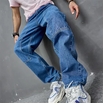 Vīriešu Džinsi Zilā Krāsā Jaunu Vintage Gadījuma Džinsa Bikses Amerikāņu Tendence Zaudēt Bikses High Street Plaša Kāju Bikses