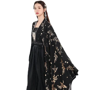 Ķīnas Hanfu darbības kostīmu deju kostīms sieviešu gari svārki melnā