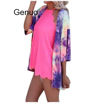 Sieviešu Drukāšanas Šifona Cover-Ups Kaklasaišu Krāsošanas Varavīksnes Multicolor Beach Kimono Long Cardigan Blūze Šalle Smock Topi Beachwear Pareo
