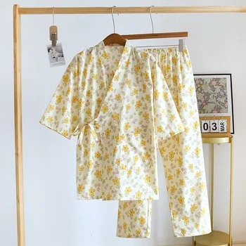 2024 Jaunu Japāņu Kimono elementus Kopu Pavasara/Vasaras Sieviešu Pidžamas Komplekts 100% Kokvilnas Marle Divās Gabals, kas Dāmas Peldmētelis Mājas Kažokādas Sleepwear