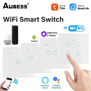TUYA WiFi Smart Touch Switch 1/2/3/4 Banda Home Gaismas Sienas Slēdzis, Neitrāls Vads Darbojas Ar Alexa Un Google Home Palīgs