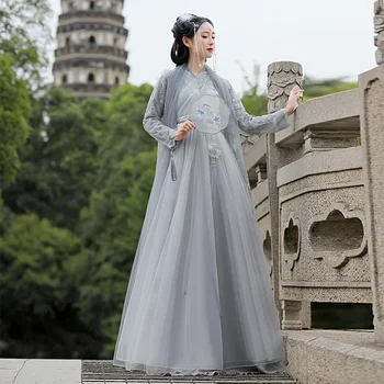 Trailing Kleita Tradicionālā Ķīniešu Hanfu Sieviešu Mežģīņu Izšuvumi Kostīmu Pasaku Stilā Etniskās Dejas