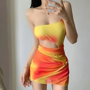 Sexy viengabala Peldkostīms Sieviete Ar Cover-up Bikini Komplekti, Viena Plecu Pie Vidukļa Drukāt Peldkostīmi 2024 Jaunu korejiešu Stilā