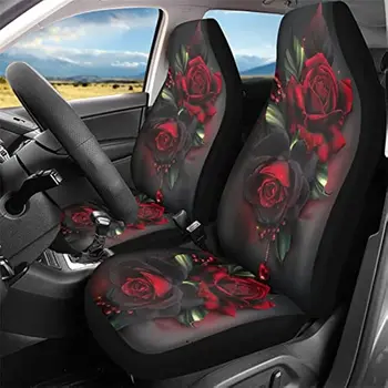Gothic Sarkanu Rožu Drukāt Priekšējā Auto Sēdekļa Pārvalki Komplekts, 2 Sievietes, Meitenes, Auto Sēdekļu Aizsargi Interjera Aksesuāriem Dekorēšana