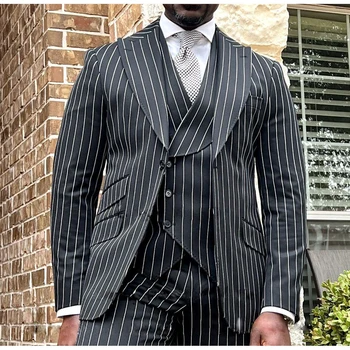 Modes Black Vīriešu Uzvalki Svītru Līgavainis Uzvalku Slim Fit Formālas Biznesa Žakete Kāzu 3 Gabali Komplekts Jaka, Veste Bikses Kostīmu Homme