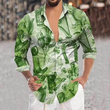 Vīriešu Modes St Patrika Dienā Zaļš Grafiti Drukāt Krekli Atloks Pogu garām Piedurknēm Top Krekli Vīriešu Klasiskās Ikdienas Tērpu Camisa