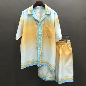Kontrasta Krāsu Drukas Krekls, Uzvalks Gadījuma Zaudēt Īsā Beach Īsām Piedurknēm Treniņtērpi Vasaras Krekls+Īss Vīriešu Apģērbu Streetwear