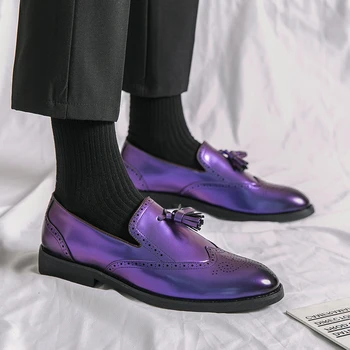 Britu Stila Modes Purpura Pušķis Mens Kleitu, Kurpes, Liela Izmēra 48 Norādīja Toe Ādas Kurpes Vīriešiem Brogues Slip-on Kāzu Kurpes